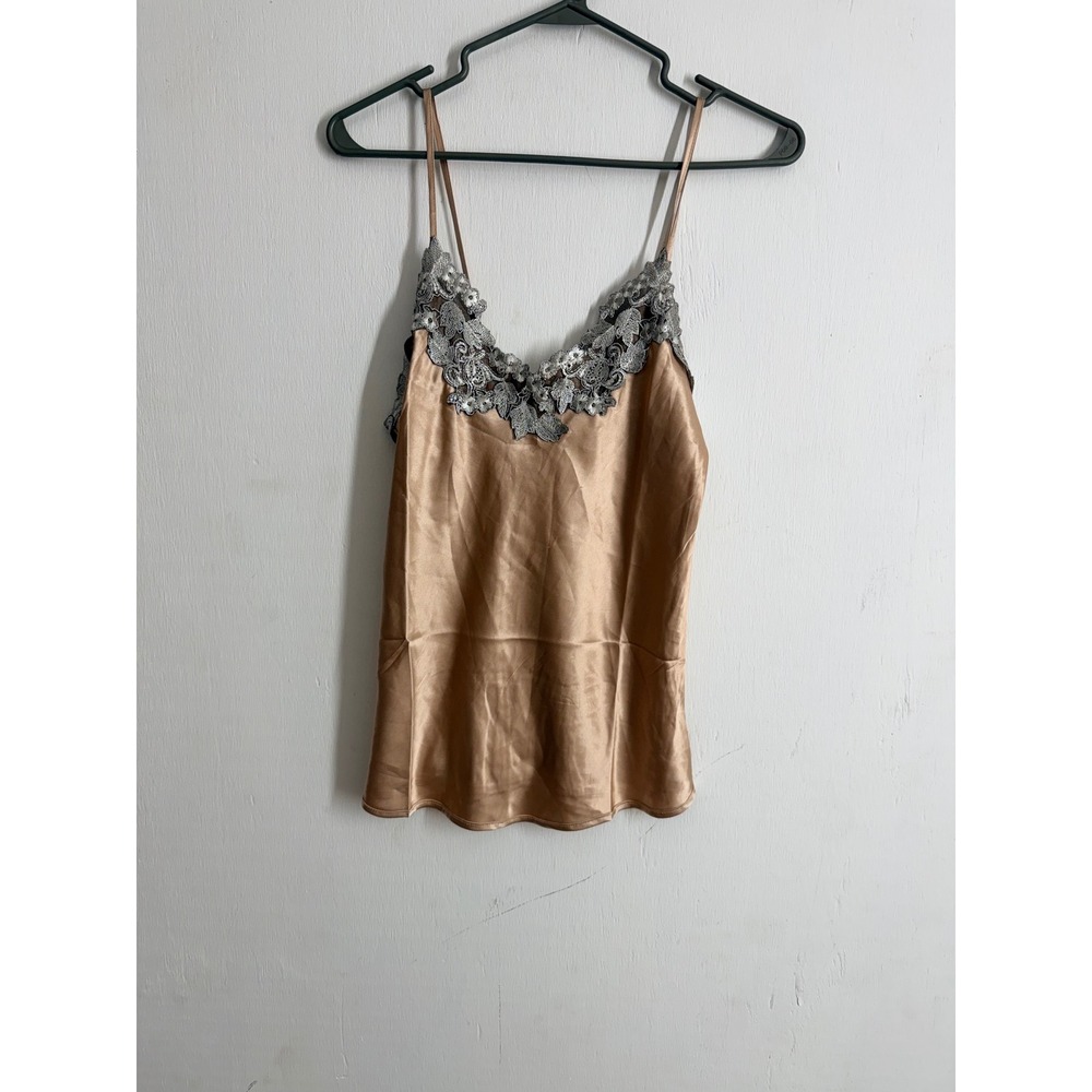 Champagne Gold Satin Lace Trim Camisole Top XL V-Neck Spaghetti Strap Tank